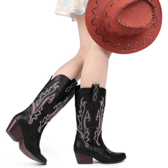 ⚡Women's Black Mid Calf Cowgirl Boots Pointy Toe Boot Embroidered Western - Picture 7 of 7